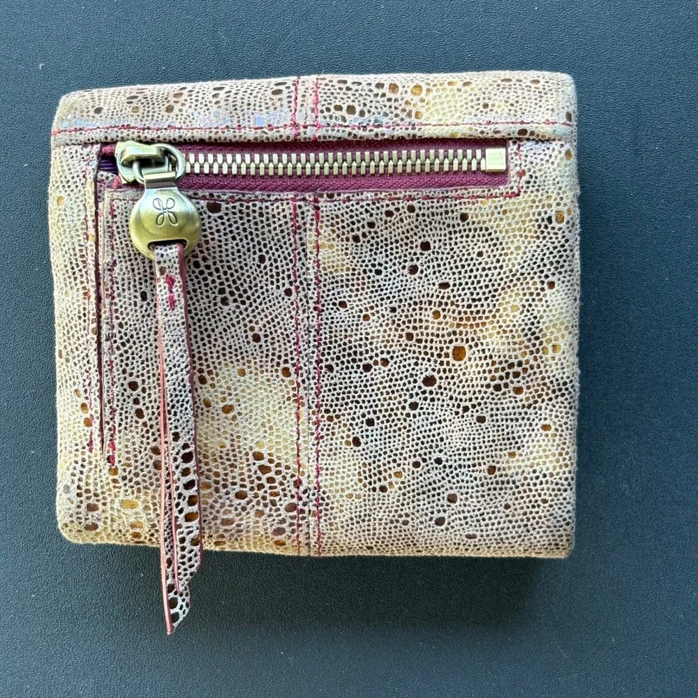HOBO Gold Metallic Laser Cut Leather Trifold Wallet with ID Window and Tassel